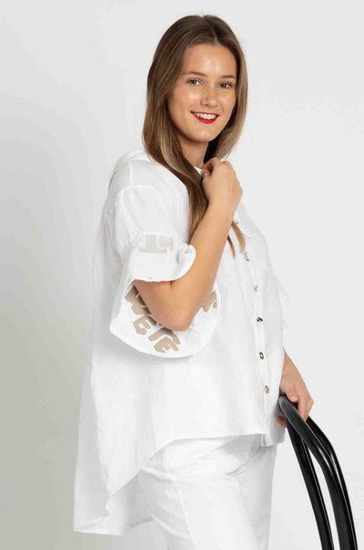 Elisa Cavaletti - Linen Blouse w/ Printed Flounce Sleeve