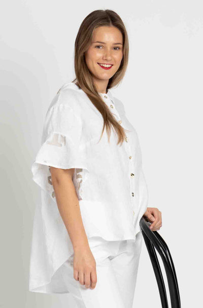 Elisa Cavaletti - Linen Blouse w/ Printed Flounce Sleeve