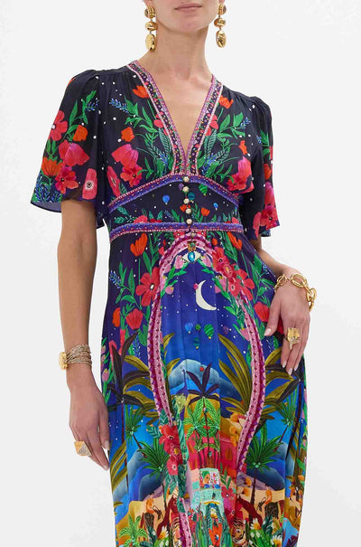 Camilla - Midnight Muses Shaped Waistband Dress with Flutter Sleeves