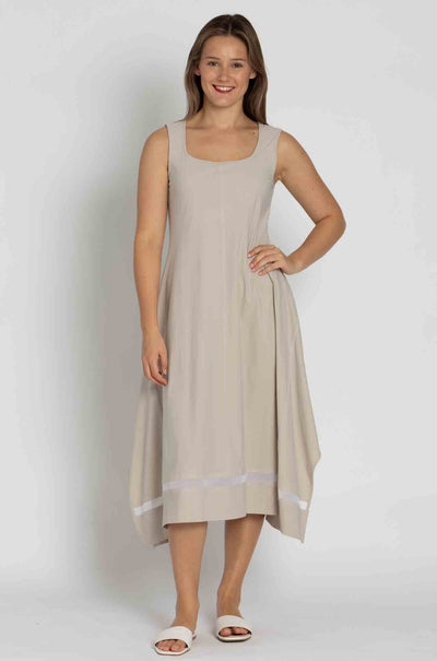 Paula Ryan - Mesh Trim Trapeze Dress in Sand / White