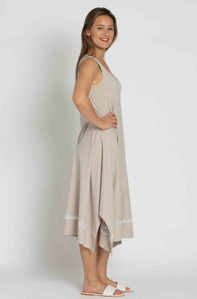 Paula Ryan - Mesh Trim Trapeze Dress in Sand / White