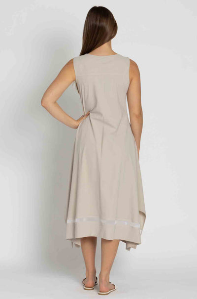 Paula Ryan - Mesh Trim Trapeze Dress in Sand / White