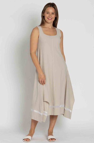 Paula Ryan - Mesh Trim Trapeze Dress in Sand / White