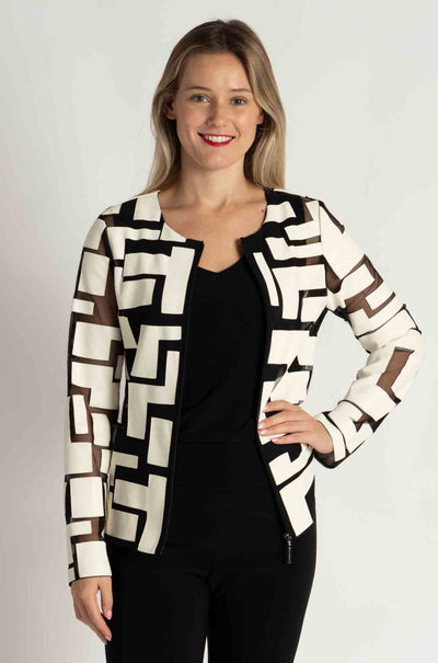 Joseph Ribkoff - Mesh and Leatherette Fitted Jacket in Vanilla / Black