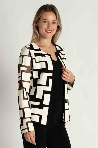 Joseph Ribkoff - Mesh and Leatherette Fitted Jacket in Vanilla / Black