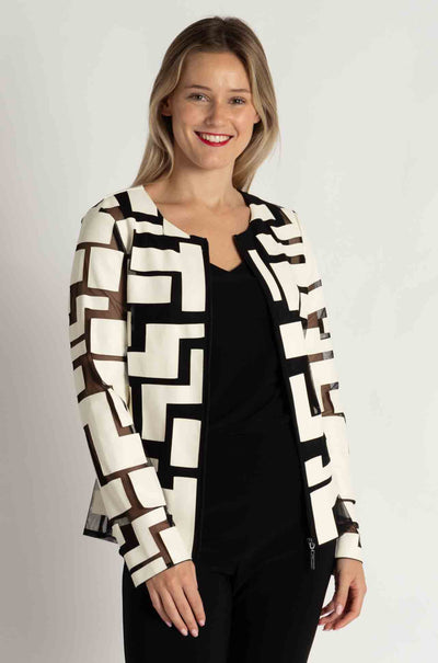 Joseph Ribkoff - Mesh and Leatherette Fitted Jacket in Vanilla / Black