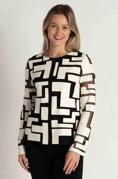 Joseph Ribkoff - Mesh and Leatherette Fitted Jacket in Vanilla / Black