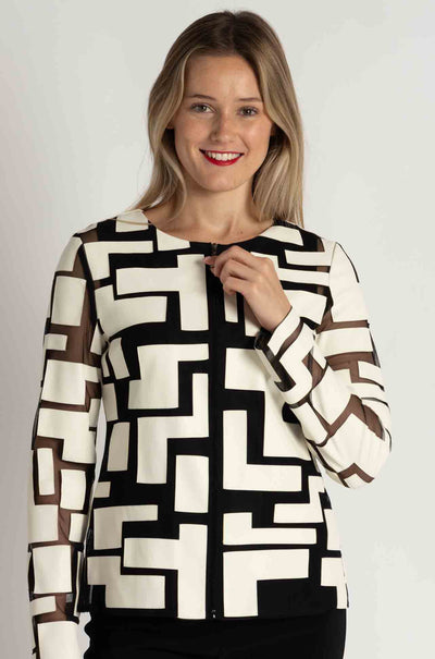 Joseph Ribkoff - Mesh and Leatherette Fitted Jacket in Vanilla / Black