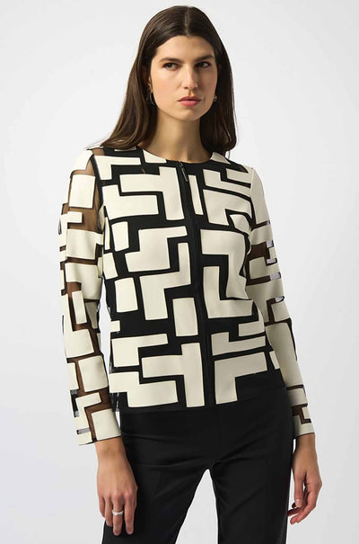 Joseph Ribkoff - Mesh and Leatherette Fitted Jacket in Vanilla / Black