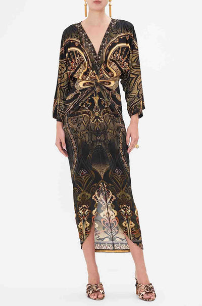 Camilla - Nouveau Noir Long Split Front Twist Dress