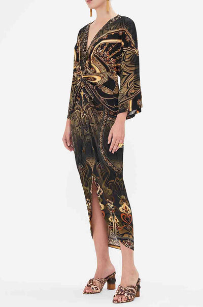 Camilla - Nouveau Noir Long Split Front Twist Dress