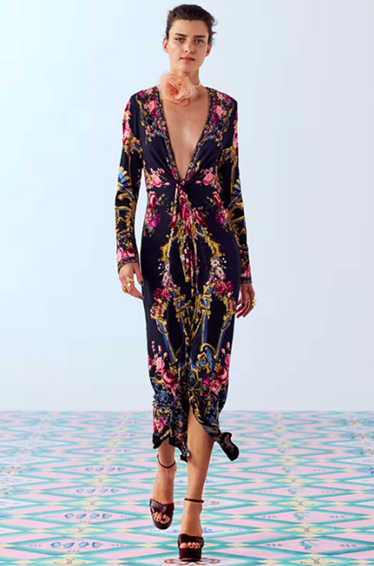 Camilla - Ornate On A Plate Long V Neck Twist Front Jersey Dress