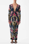 Camilla - Ornate On A Plate Long V Neck Twist Front Jersey Dress