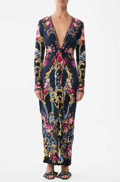 Camilla - Ornate On A Plate Long V Neck Twist Front Jersey Dress