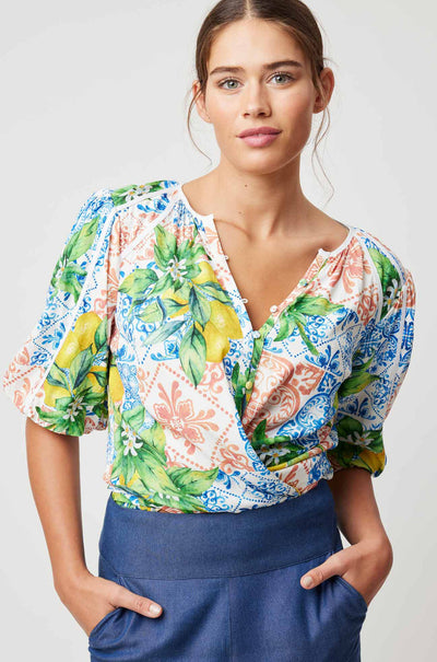 Once Was - Paradiso Volume Sleeve Top in Limonata Print