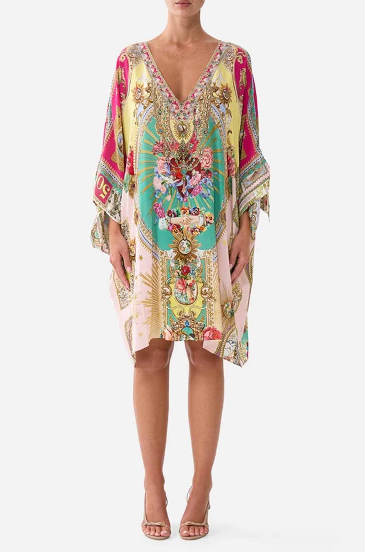 Camilla - Painted Prayers Tie Sleeve Short V Neck Kaftan