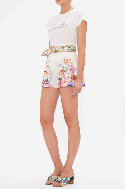 Camilla - Plumes and Parterres Tuck Front Short with Belt