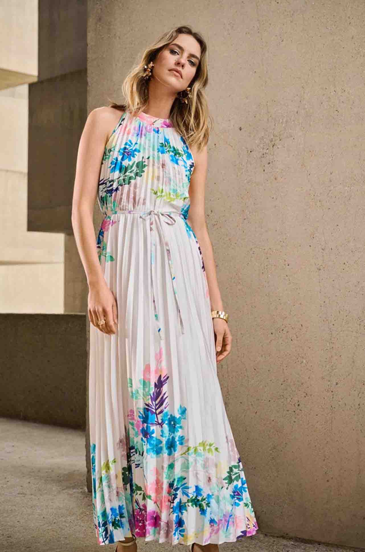 Joseph Ribkoff - Pleated Satin Floral Print Maxi Dress - Zambezee