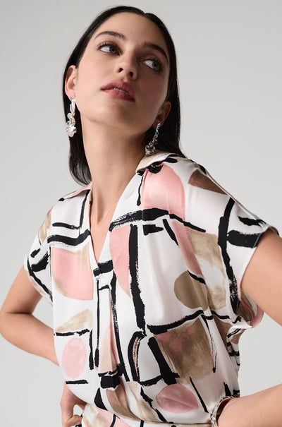 Joseph Ribkoff - Recycled Satin Abstract Print Boxy Top with V Neckline
