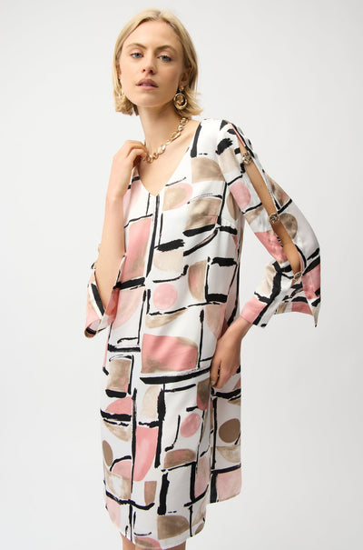 Joseph Ribkoff - Recycled Satin Abstract Print Trapeze Dress with Gold Detail