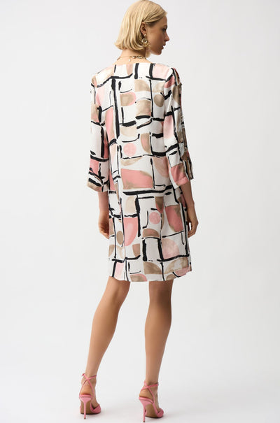 Joseph Ribkoff - Recycled Satin Abstract Print Trapeze Dress with Gold Detail