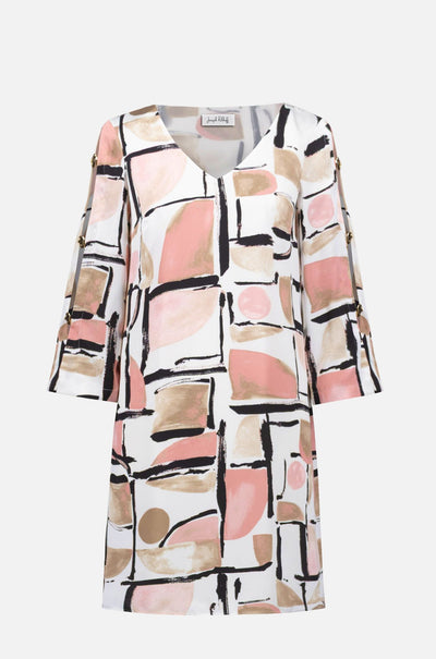 Joseph Ribkoff - Recycled Satin Abstract Print Trapeze Dress with Gold Detail