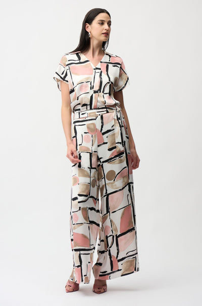 Joseph Ribkoff - Recycled Satin Abstract Print Wide Leg Pull On Pants