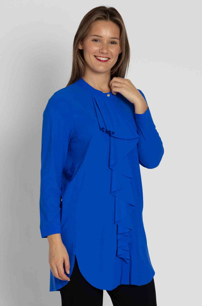 Paula Ryan - Ruffle Front 3/4 Sleeve Overshirt in Greek Blue