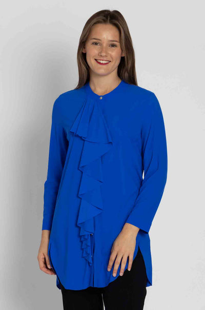 Paula Ryan - Ruffle Front 3/4 Sleeve Overshirt in Greek Blue