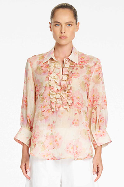 Mela Purdie - Ruffle Resort Top in Misty Floral Linen Voile
