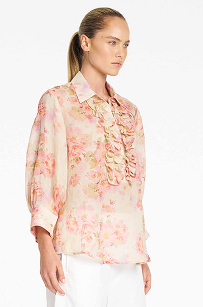 Mela Purdie - Ruffle Resort Top in Misty Floral Linen Voile