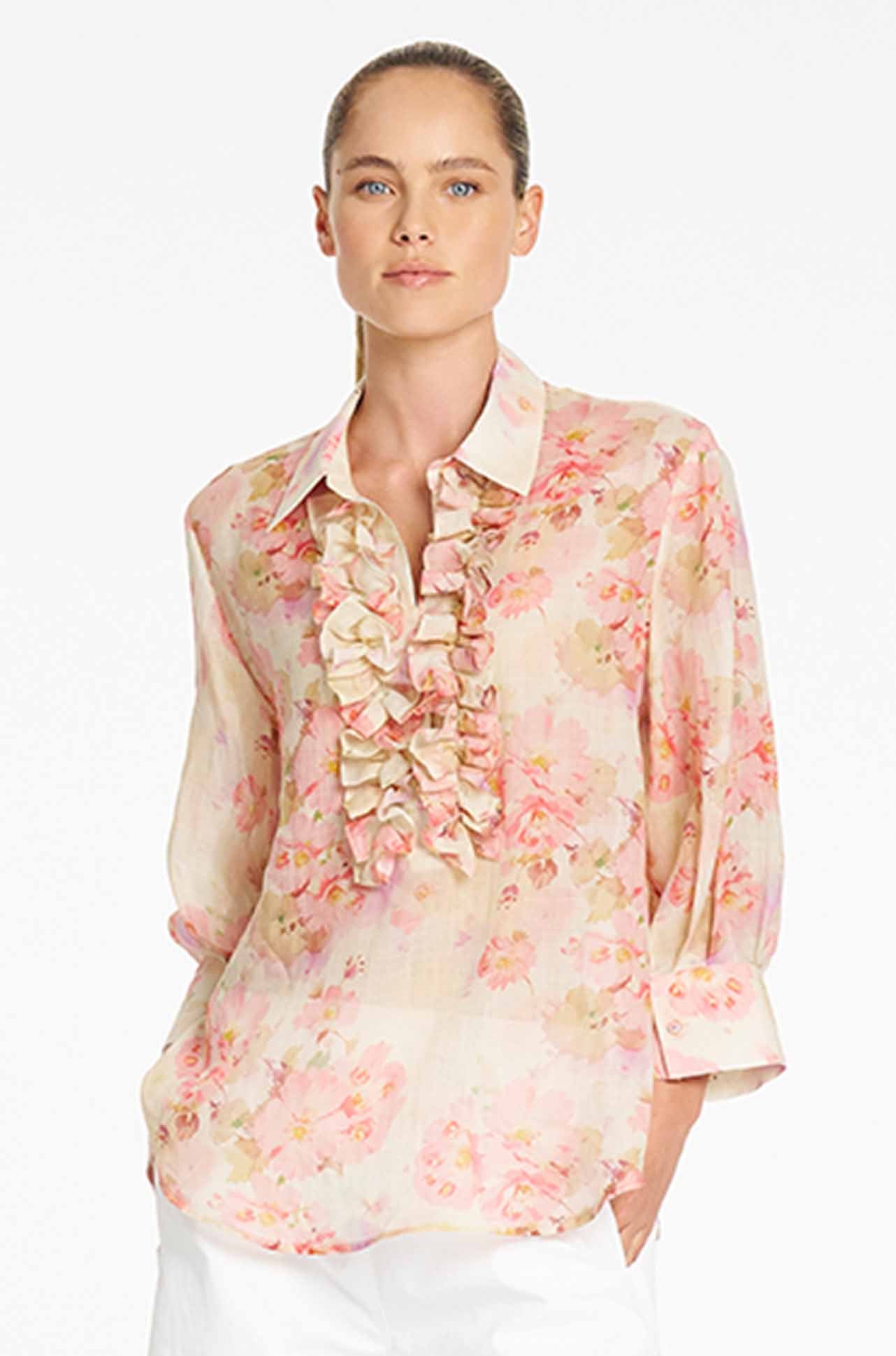 Mela Purdie - Ruffle Resort Top in Misty Floral Linen Voile