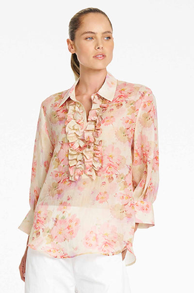 Mela Purdie - Ruffle Resort Top in Misty Floral Linen Voile
