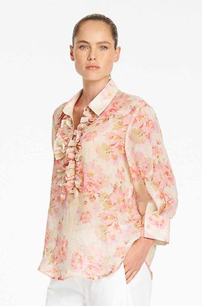 Mela Purdie - Ruffle Resort Top in Misty Floral Linen Voile