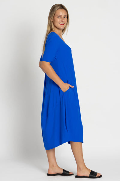 Paula Ryan - Scoop V 1/2 Sleeve Tulip Dress in Greek Blue