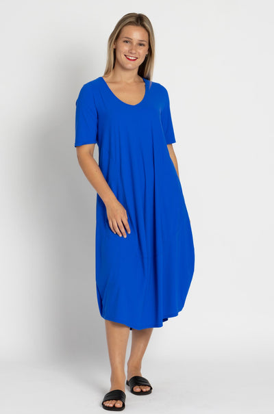 Paula Ryan - Scoop V 1/2 Sleeve Tulip Dress in Greek Blue