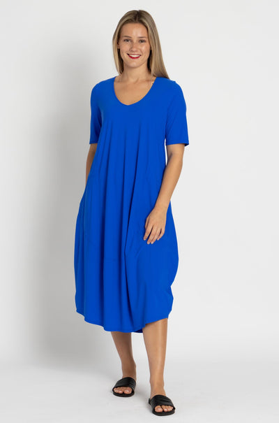 Paula Ryan - Scoop V 1/2 Sleeve Tulip Dress in Greek Blue