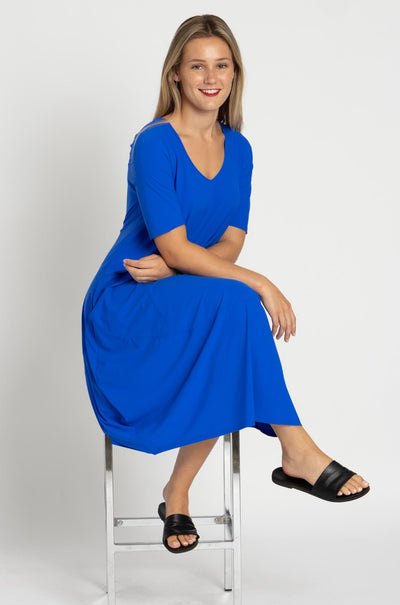 Paula Ryan - Scoop V 1/2 Sleeve Tulip Dress in Greek Blue