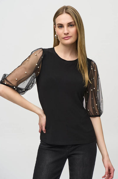 Joseph Ribkoff - Silky Knit Top w/ Embellished Mesh Sleeves