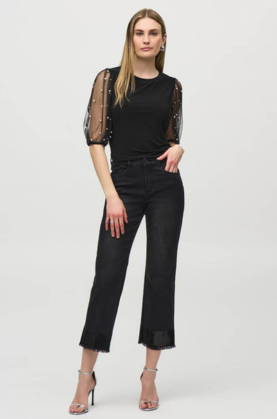 Joseph Ribkoff - Silky Knit Top w/ Embellished Mesh Sleeves