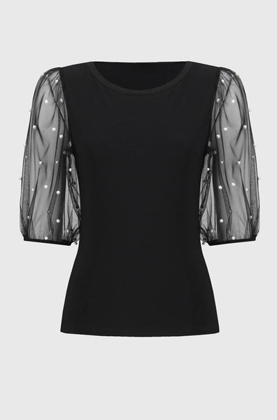 Joseph Ribkoff - Silky Knit Top w/ Embellished Mesh Sleeves