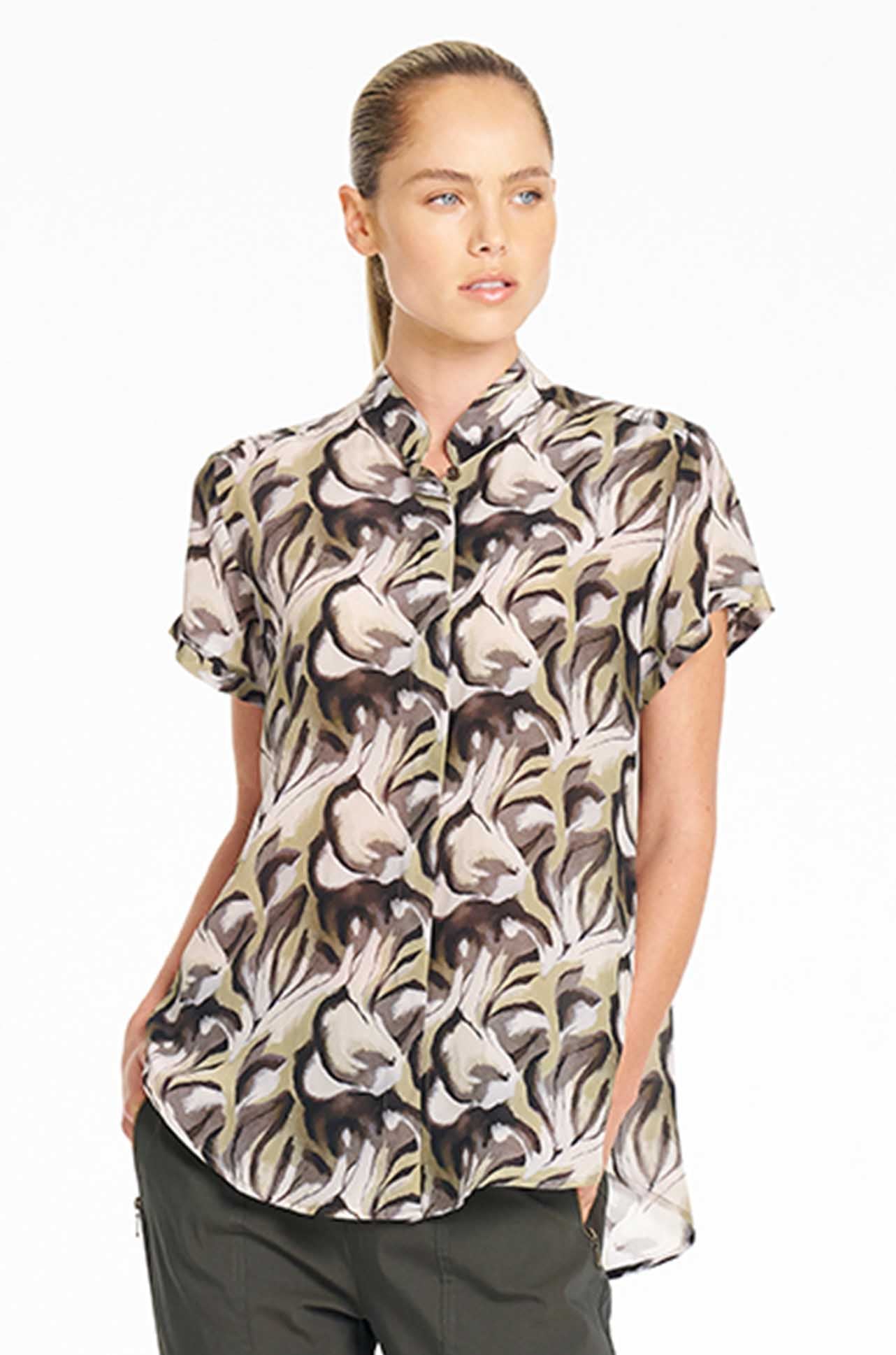 Mela Purdie - Soft Stand Shirt in Bayleaf Print Silk