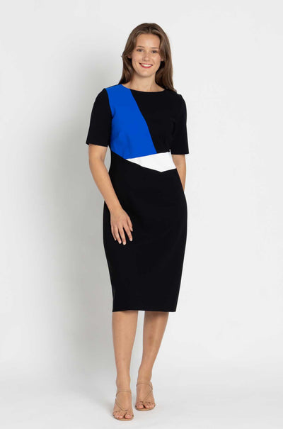 Paula Ryan - Spliced Bodice Dress in Black / Greek Blue