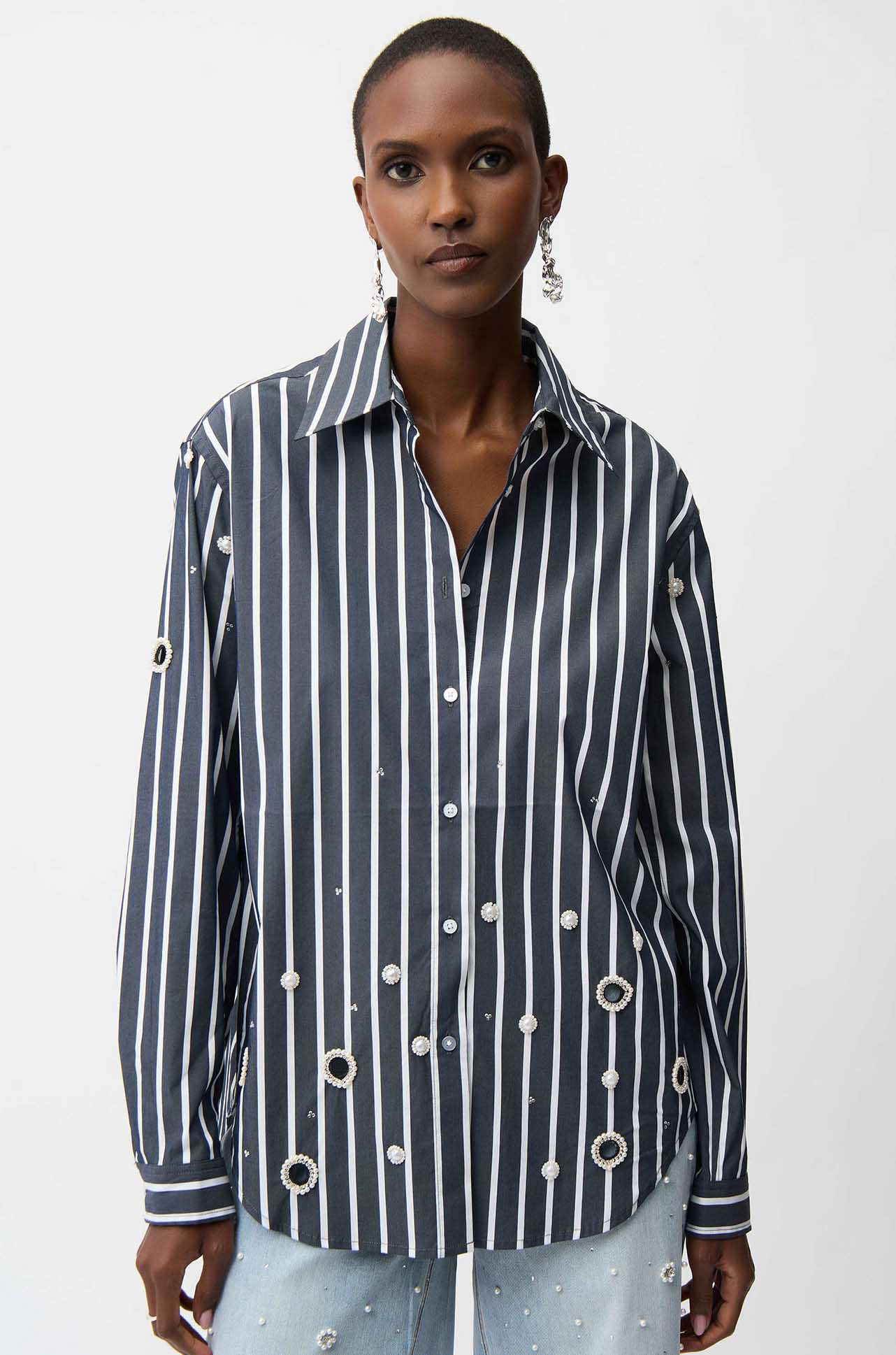 Joseph Ribkoff - Stretch Cotton Stripe Print Boxy Blouse w/ Rhinestones