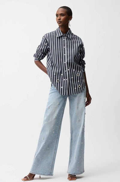 Joseph Ribkoff - Stretch Cotton Stripe Print Boxy Blouse w/ Rhinestones