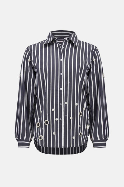 Joseph Ribkoff - Stretch Cotton Stripe Print Boxy Blouse w/ Rhinestones
