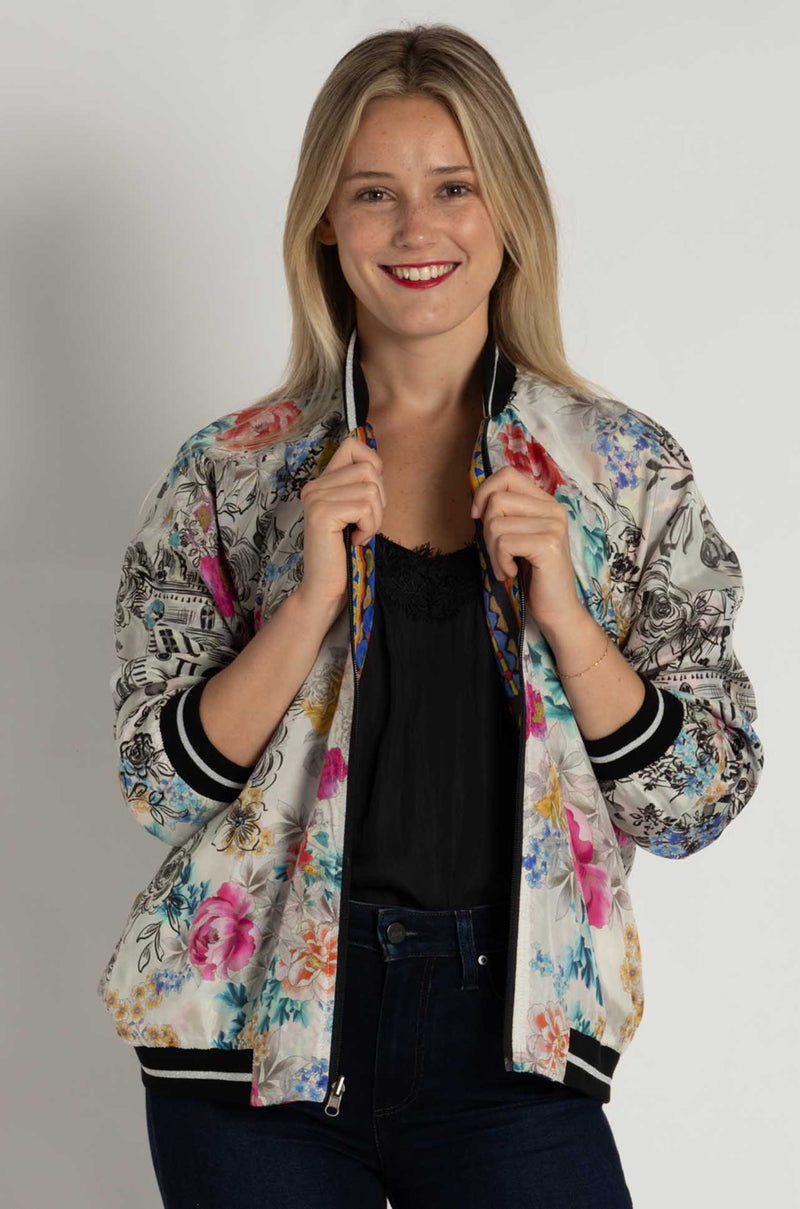 Johnny Was - Tasha Reversible Bomber Jacket in Brush Painted Scarf Print