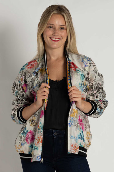 Johnny Was - Tasha Reversible Bomber Jacket in Brush Painted Scarf Print