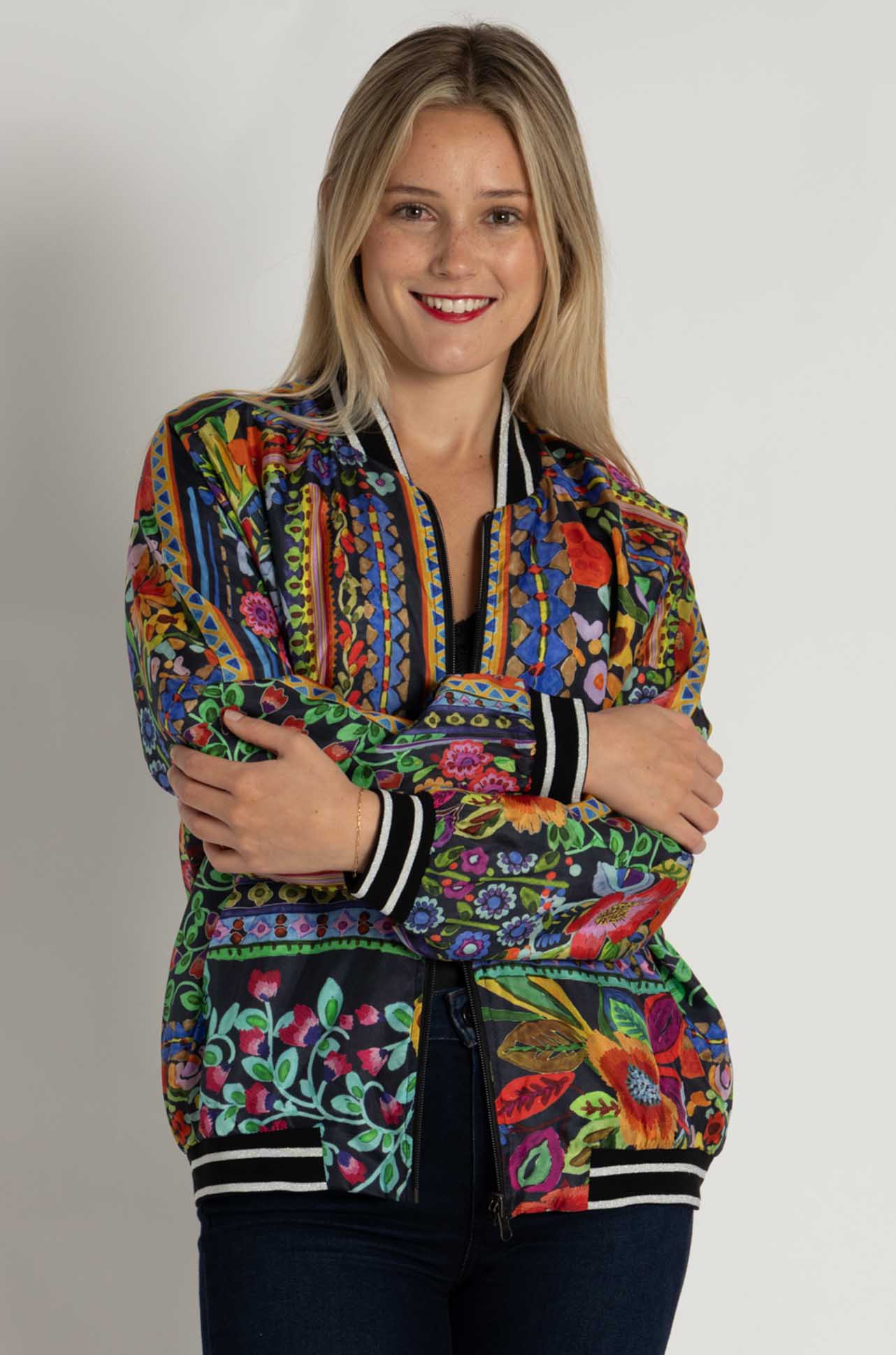 Johnny Was - Tasha Reversible Bomber Jacket in Brush Painted Scarf Print