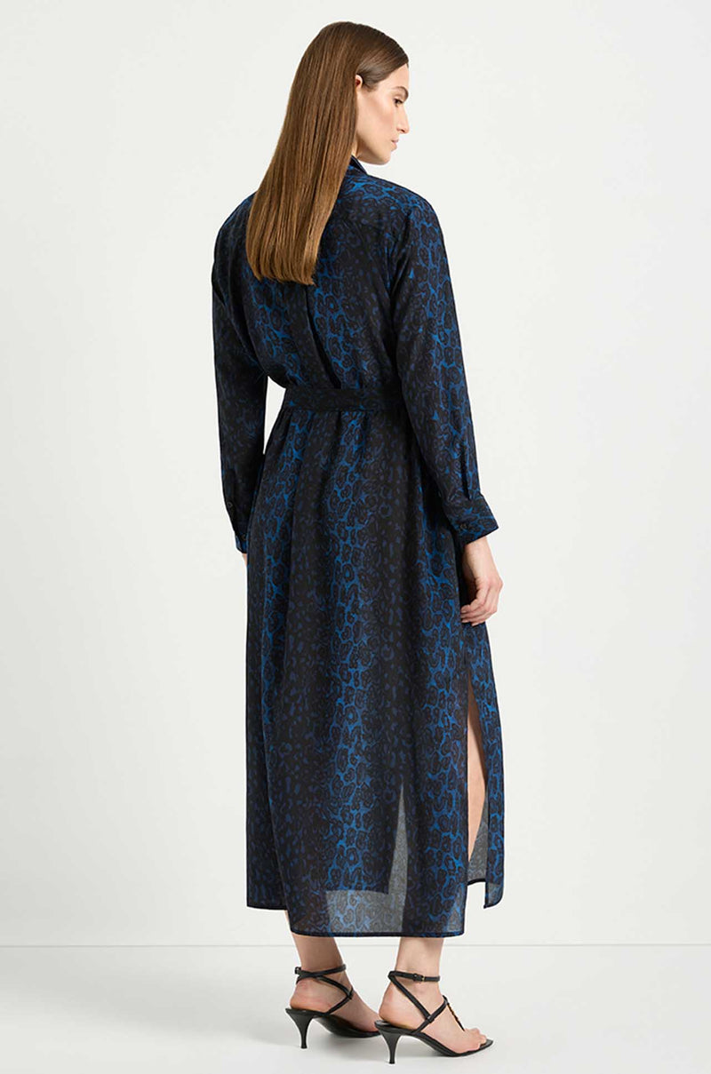 Mela Purdie - Tie Shirt Dress in Sapphire Leopard Silk Print